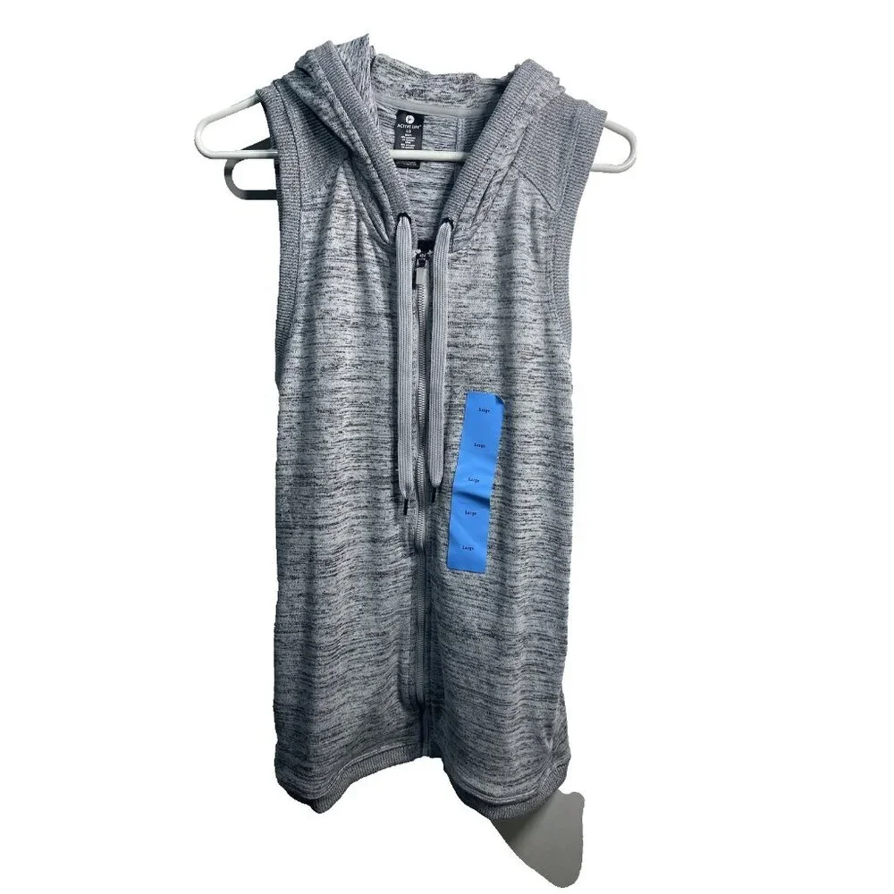 active life womens gray heather‎ sleeveless zip up hooded vest size large